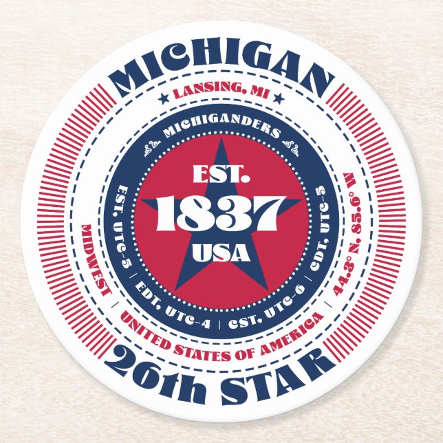 Michigan Red White Blue Typografie Runder Pappuntersetzer (Vorderseite)