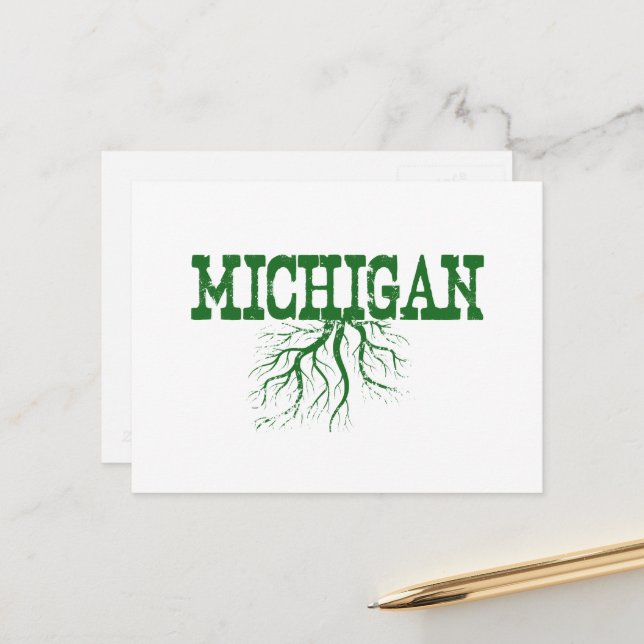 Michigan Rooted mit Green Tree Roots Word Art Postkarte (Vorderseite/Rückseite Beispiel)