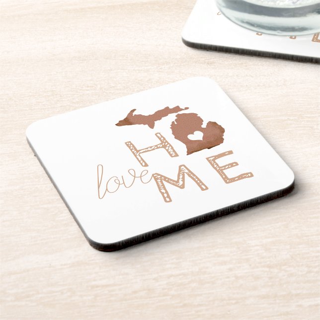 Michigan-Silhouette mit Herz-Liebe-Kupfer Getränkeuntersetzer (Copper Michigan Silhouette With Heart and Love Beverage Coaster from the Michigander!)