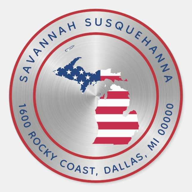 Michigan Silver White Blue Staaten Map Runder Aufkleber (Vorderseite)