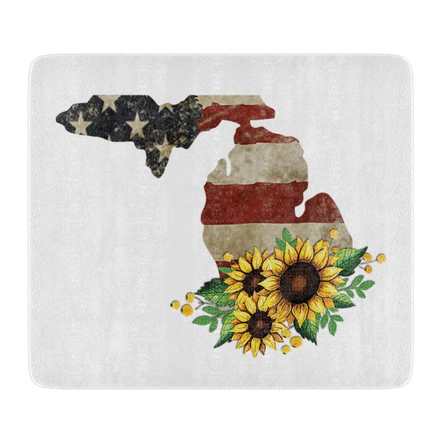 Michigan Staat Karte US-Flagge Sonnenblumen Schneidebrett (Vorderseite)