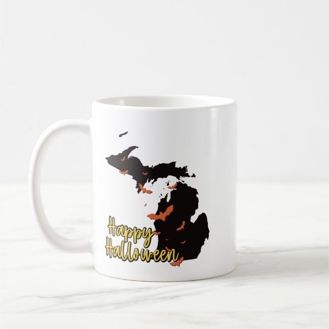 Michigan Staat Map Glückliche Halloween-Fledermäus Kaffeetasse (Links)