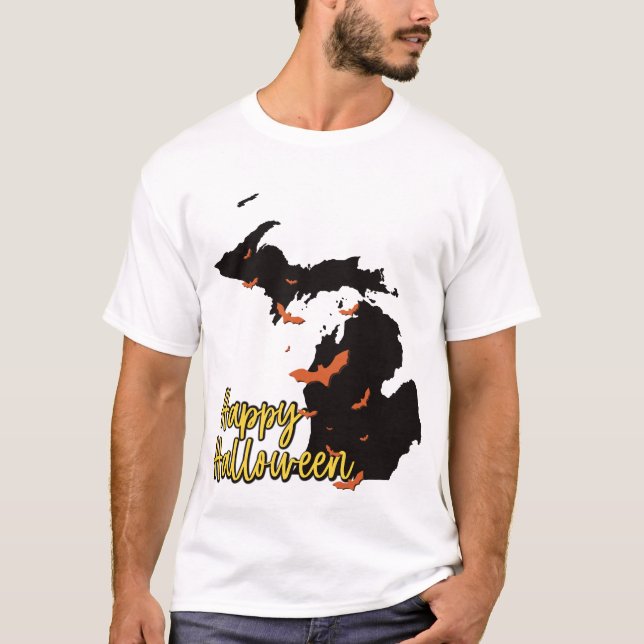 Michigan Staat Map Glückliche Halloween-Fledermäus T-Shirt (Vorderseite)