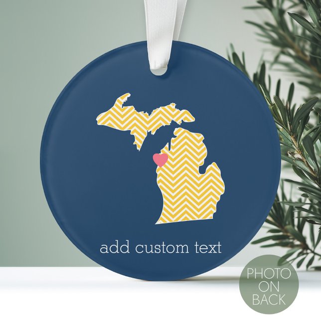 Michigan Staat Map mit benutzerdefinierten Lieben  Ornament (Personalized Photo Ornament with a State Design on the Front and Photo on the Back)