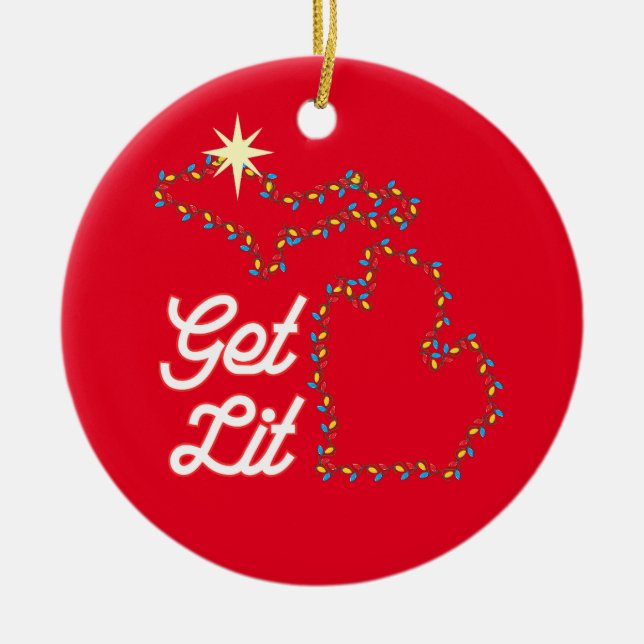 Michigan Theme Ornament mit lustigem GET LIT (Vorne)