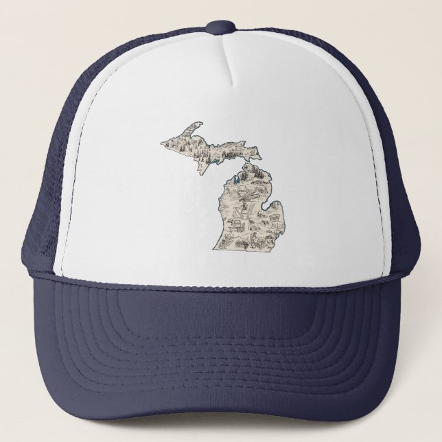 Michigan Vintag Picture Map Baseball Style Truckerkappe (Vorderseite)