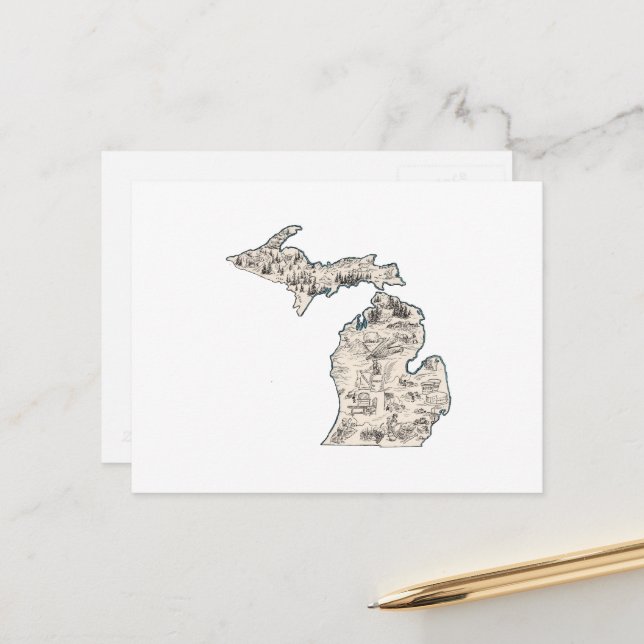 Michigan Vintag Picture Map Staat Chart Postkarte (Vorderseite/Rückseite Beispiel)