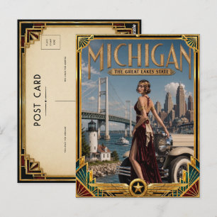 Michigan Vintage Art Deco Golden Age Postkarte