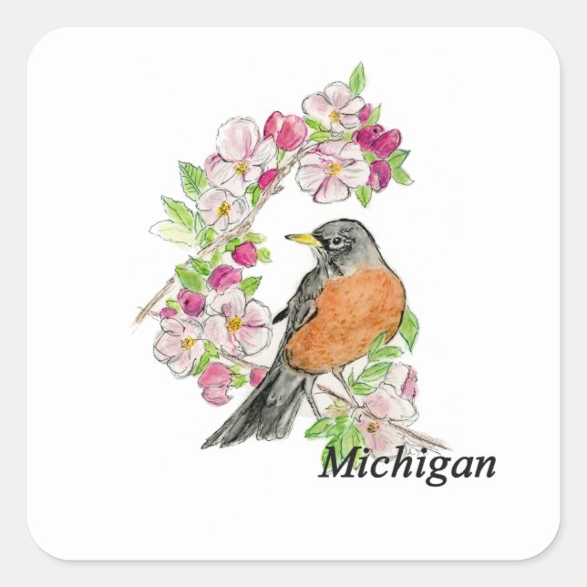 Michigan-Vogel und -Blume Quadratischer Aufkleber (Vorderseite)