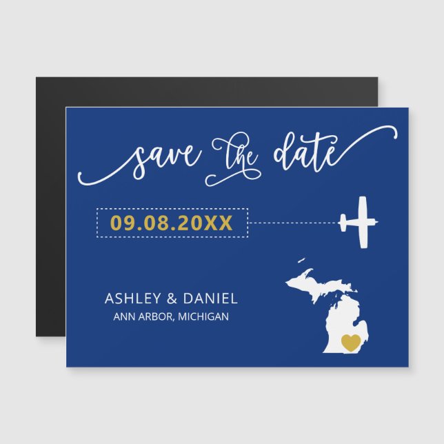 Michigan Wedding Save the Date Card, Map Magneteinladung (Vorne/Hinten)