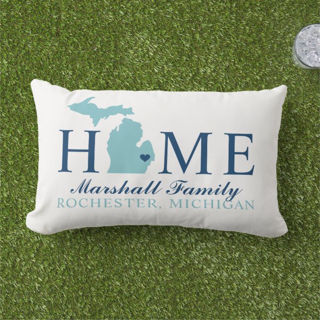 Michigan Zuhause Aqua und Navy Custom Family Monog Kissen Für Draußen (Gras)