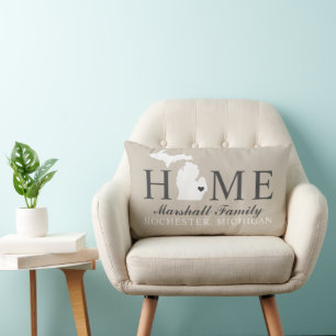 Michigan Zuhause Beige Familie Stadt Monogramm Lendenkissen