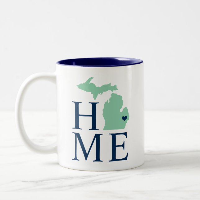 Michigan Zuhause Mint und Navy Blue Custom City He Zweifarbige Tasse (Links)