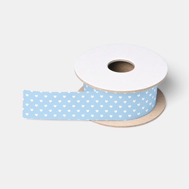 Micro Hearts White - Baby Blau Satinband (Spule)