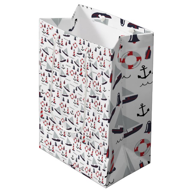 Micro Nautical Pattern Vintager Style Druck. Mittlere Geschenktüte (Vorderseite Schrägansicht)
