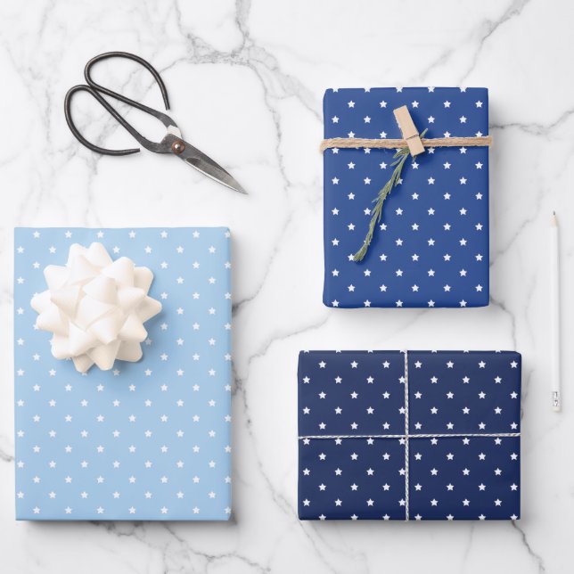 Micro Stars White - 3 Blau Geschenkpapier Set (Vorderseite)