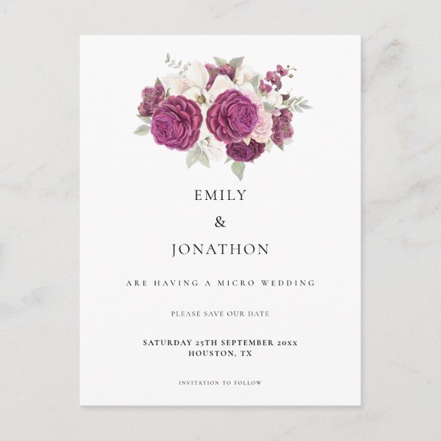 Micro Wedding Burgundy Floral Save the Date Ankündigungspostkarte (Vorderseite)