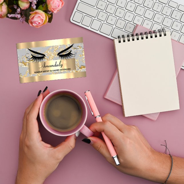 Microblade Makeup Eyelash Extension Gold Grau Visitenkarte (Microblade Makeup Eyelash Extension Gold Gray Business Card)