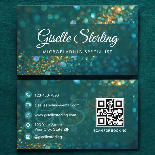 Microblading Aquamarin Gold Glitzer QR Code Luxury Visitenkarte (Von Creator hochgeladen)