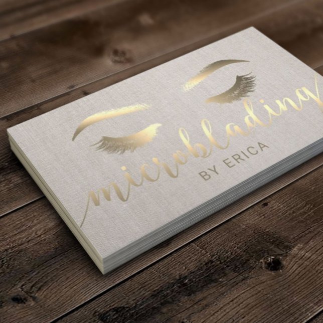 Microblading Brow Makeup Artist Gold Script Linen Visitenkarte (Von Creator hochgeladen)