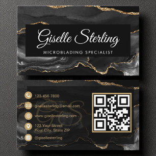 Microblading QR Code Black Gold Agate Luxus Visitenkarte