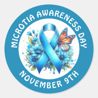 Microtia Blue Awareness Day Ribbon and Butterfly Runder Aufkleber