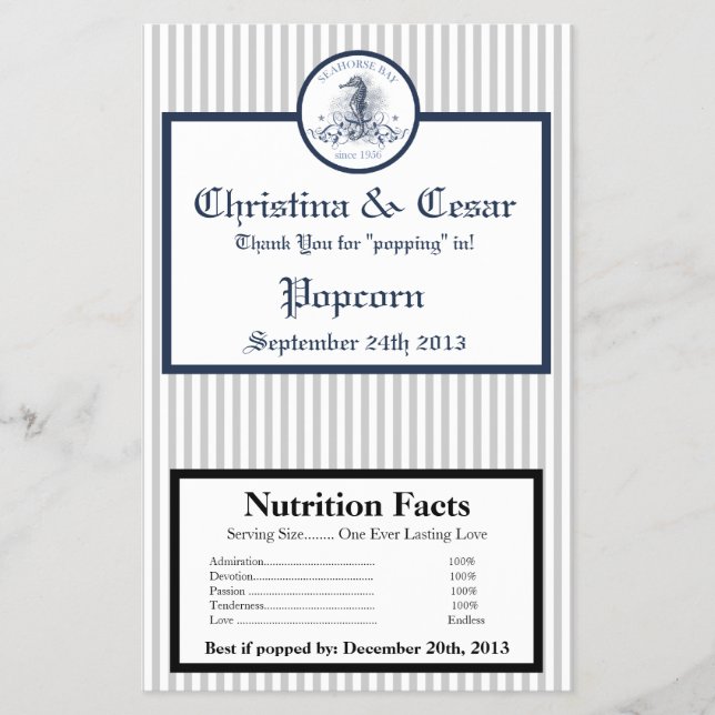 Microwave Popcorn Wrapper Blue Seepferd Streifen Flyer (Vorne)