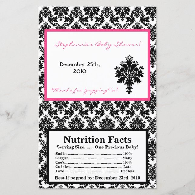 Microwave Popcorn Wrapper Hot Pink Black Damask (Vorderseite)