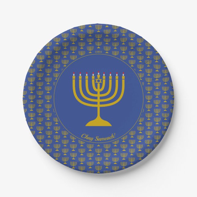 Mid Blue Hanukkah Customizable MENORAH Pappteller (Vorderseite)