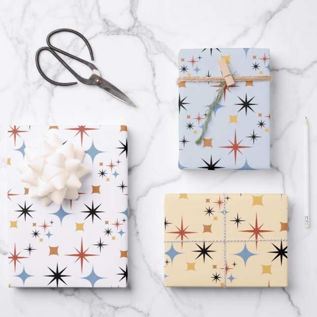 Mid Centry Moderner 50er Sternexplosion Atomzeitmu Geschenkpapier Set (Vorderseite)