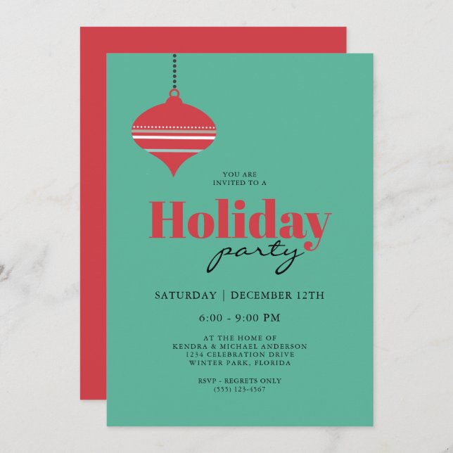 Mid Century Aquamarin und Coral Holiday Party Einladung (Vorne/Hinten)
