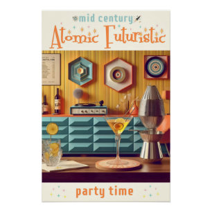 Mid-Century-Atom-Retro-Futuristischer-Partyraum Poster