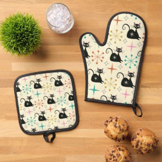 Mid Century Atomic Cat with Starbursts Ofenhandschuh & Topflappen-Set