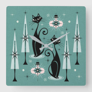 Mid Century Atomic Kitty Weihnachten ©studioxtine Quadratische Wanduhr