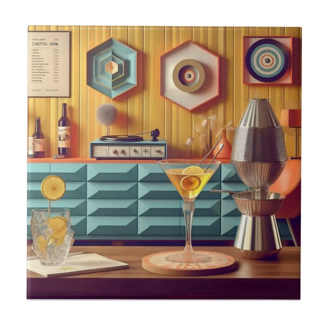 Mid-Century-Atomic-Retro-Futuristische-Partyraum Fliese (Vorderseite)
