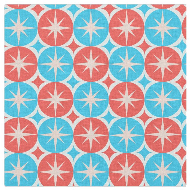 Mid Century Atomic Starbursts on Blue Red Circles Stoff (Nahaufnahme)