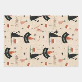 Mid-Century-Atomkatze-Geburtstagsmuster Geschenkpapier Set