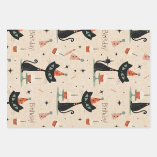 Mid-Century-Atomkatze-Geburtstagsmuster Geschenkpapier Set