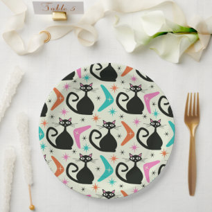 Mid Century Black Atomic Cats mit Bumerangs  Pappteller