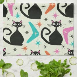Mid Century Black Atomic Cats with Boomerangs Geschirrtuch