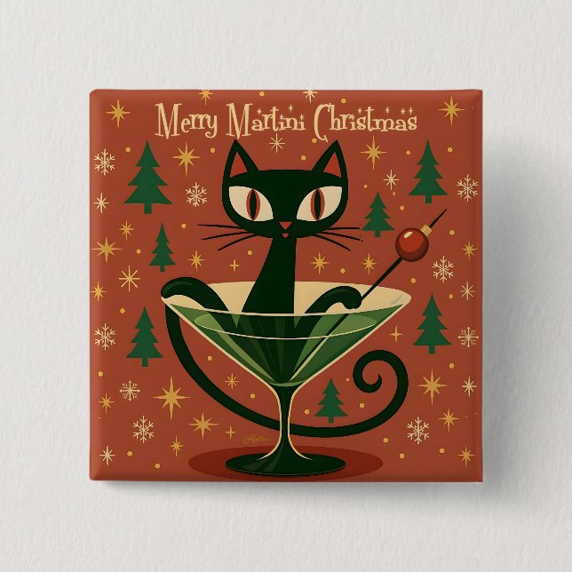 Mid Century Black Cat Merry Martini Christmas Button (Vorderseite)