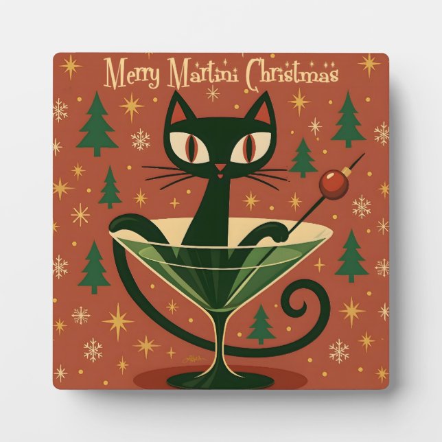 Mid Century Black Cat Merry Martini Christmas Fotoplatte (Vorderseite)