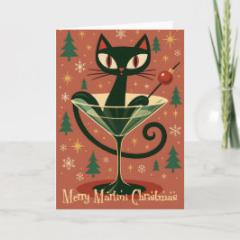 Mid Century Black Cat Merry Martini Christmas Karte