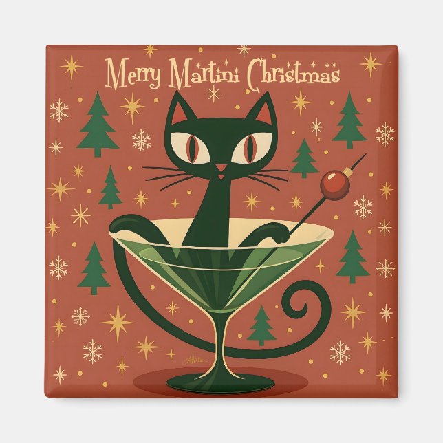 Mid Century Black Cat Merry Martini Christmas Magnet (Vorne)