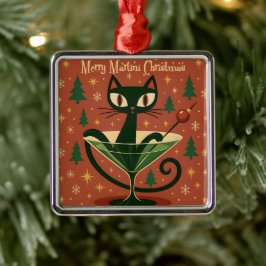 Mid Century Black Cat Merry Martini Christmas Ornament Aus Metall