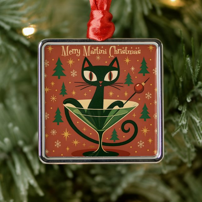 Mid Century Black Cat Merry Martini Christmas Ornament Aus Metall (Baum)