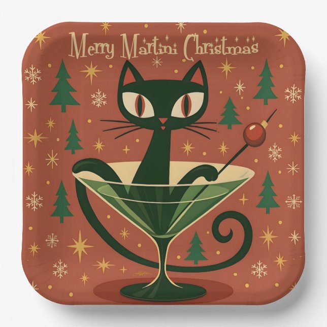 Mid Century Black Cat Merry Martini Christmas Pappteller (Vorderseite)
