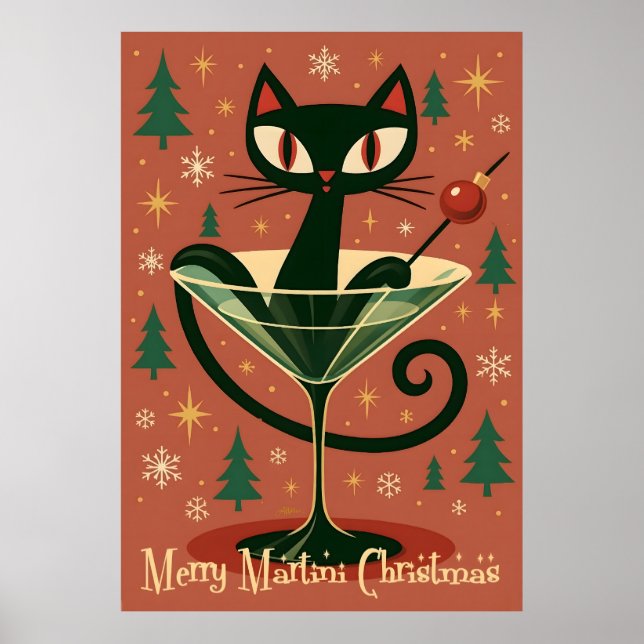 Mid Century Black Cat Merry Martini Christmas Poster (Vorne)