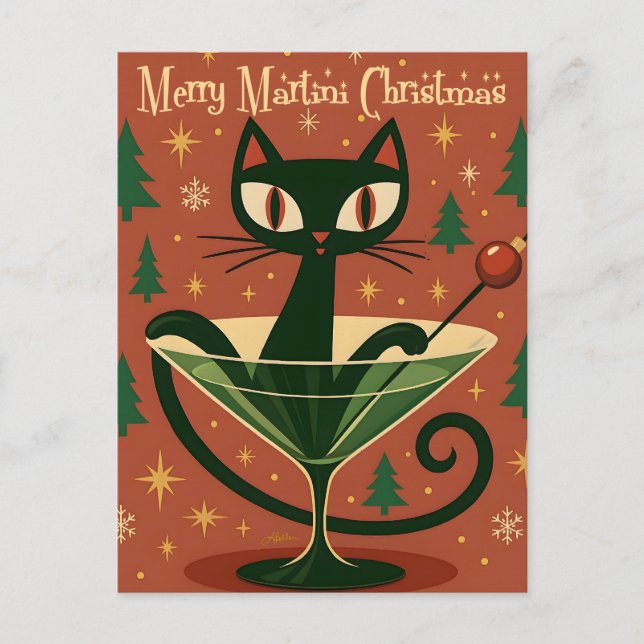 Mid Century Black Cat Merry Martini Christmas Postkarte (Vorderseite)