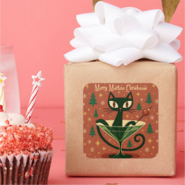 Mid Century Black Cat Merry Martini Christmas Quadratischer Aufkleber